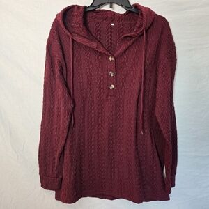 Cozy Burgundy Textured Knit Henley Hoodie - Size Medium
